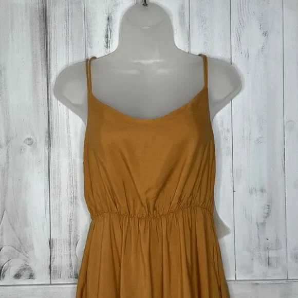 NWT Outerknown La Luna Golden Yellow Cami Silk Blend Strappy Back‎ Midi Dress S